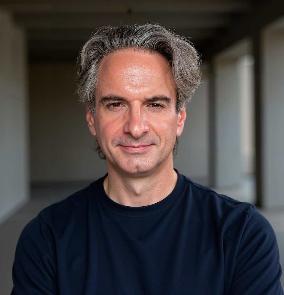 Kevin Ricche portrait in a navy crew-neck sweater with a softly lit architectural background